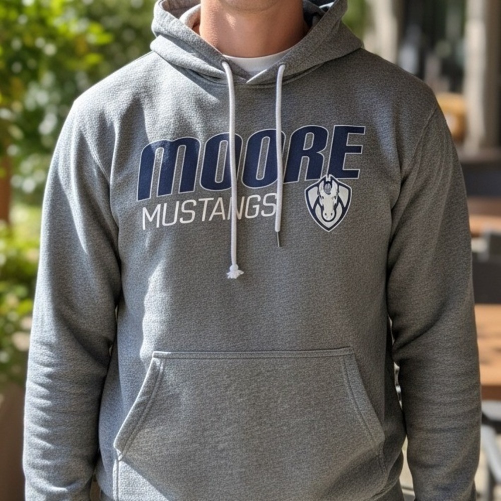 Moore Mustangs Pullover Hoodie Athletic Gray‎ Sweatshirt Men's Medium